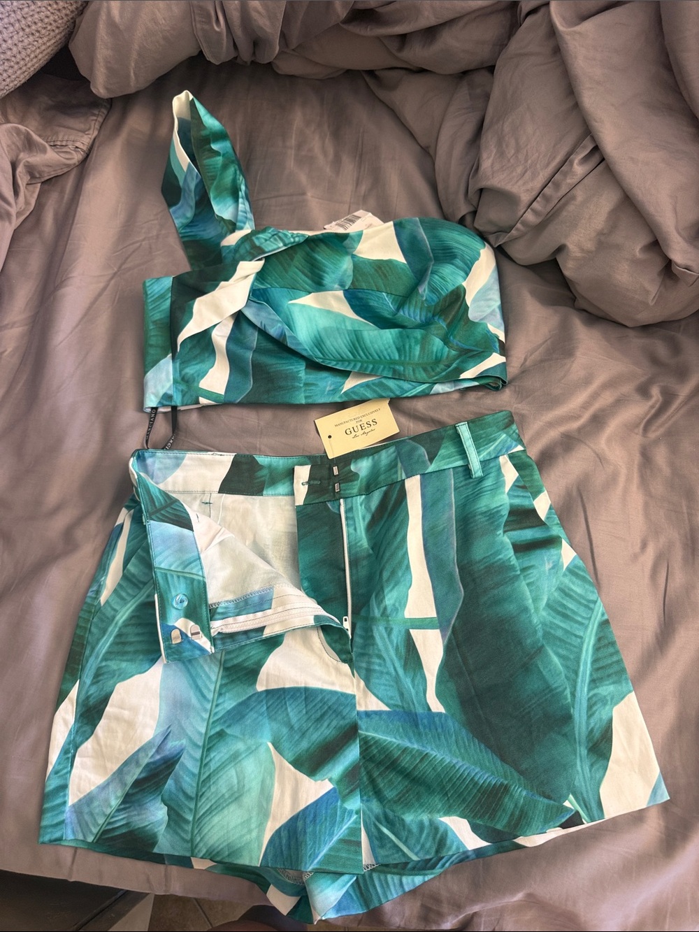 GUESS Teal & White Tropical Leaf high waisted shorts